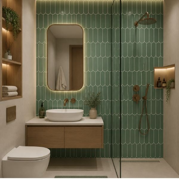 Green Vertical Scale Texture Glossy Subway Ceramic Wall Tile 1×2 ft – 174-DK - Image 2