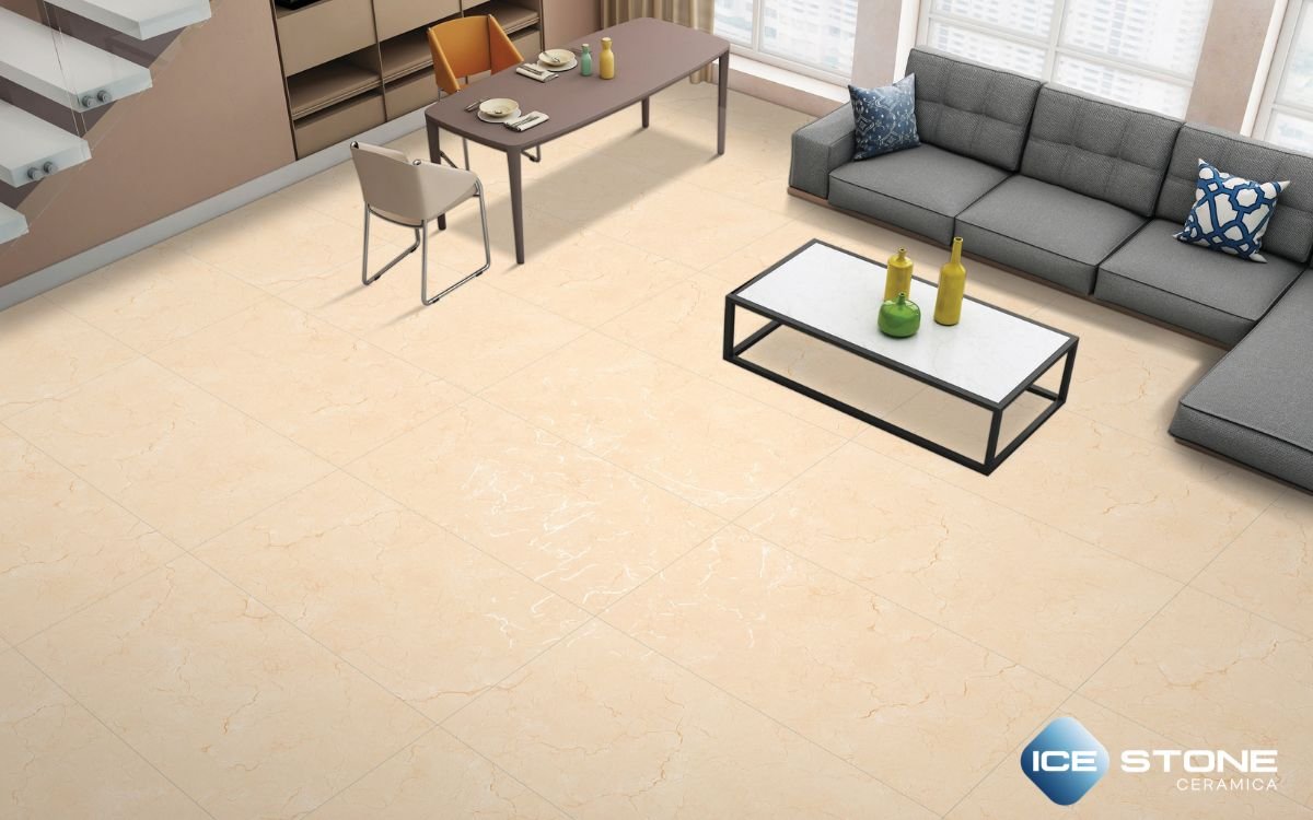 large-format matte living room tile floor, natural light, Indian home interior